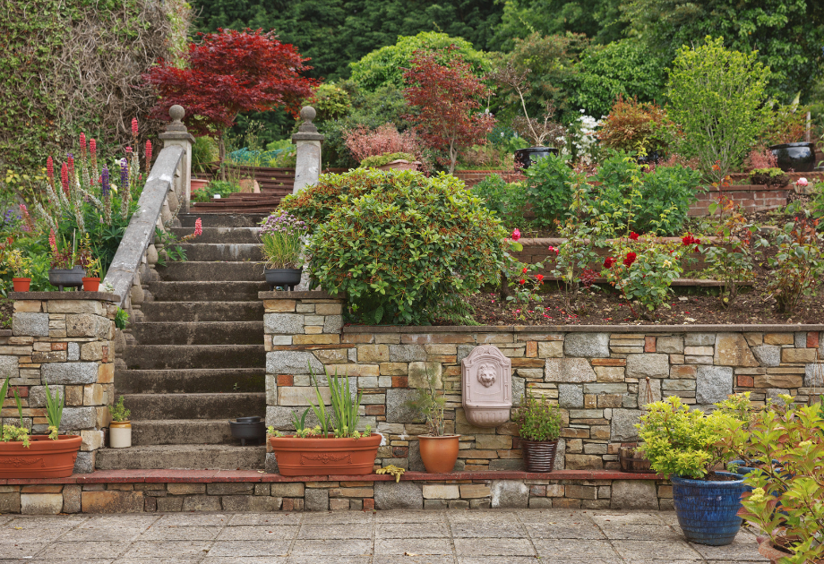 Tiered backyard with retaining walls